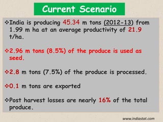 Current Scenario
India is producing 45.34 m tons (2012-13) from
1.99 m ha at an average productivity of 21.9
t/ha.
2.96 m tons (8.5%) of the produce is used as
seed.
2.8 m tons (7.5%) of the produce is processed.
0.1 m tons are exported
Post harvest losses are nearly 16% of the total
produce.
www.indiastat.com
 