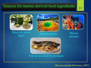 Sources for marine derived food ingredients
Macro & micro
algae
Extremophiles Marine
sponges
Fish & sea food by-products
11
(Rasmussen and Morrissey, 2007)
 
