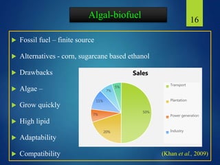 Algal-biofuel
 Fossil fuel – finite source
 Alternatives - corn, sugarcane based ethanol
 Drawbacks
 Algae –
 Grow quickly
 High lipid
 Adaptability
 Compatibility
16
(Khan et al., 2009)
50%
20%
7%
11%
7%
5%
Sales
Transport
Plantation
Power generation
Industry
 