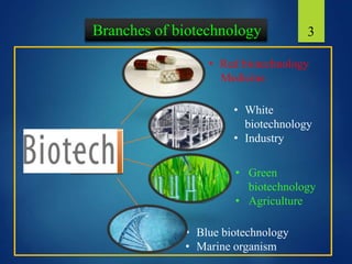 3Branches of biotechnology
• Blue biotechnology
• Marine organism
• White
biotechnology
• Industry
• Red biotechnology
Medicine
• Green
biotechnology
• Agriculture
 
