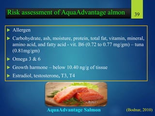 39
 Allergen
 Carbohydrate, ash, moisture, protein, total fat, vitamin, mineral,
amino acid, and fatty acid - vit. B6 (0.72 to 0.77 mg/gm) – tuna
(0.81mg/gm)
 Omega 3 & 6
 Growth harmone – below 10.40 ng/g of tissue
 Estradiol, testosterone, T3, T4
AquaAdvantage Salmon (Bodnar, 2010)
Risk assessment of AquaAdvantage almon
 