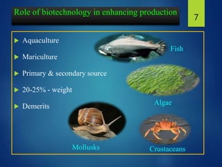 Role of biotechnology in enhancing production
 Aquaculture
 Mariculture
 Primary & secondary source
 20-25% - weight
 Demerits
7
Fish
Algae
CrustaceansMollusks
 