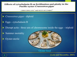 8
 Crassostrea gigas - diploid
 Eggs - cytochalasin B
 Disrupt actin - three sets of chromosome inside the eggs – triploid
 Summer mortality
 Oyster-sterile
9
(Ledu and Mccombie, 2003)8
Oyster food
 