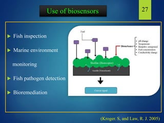 Use of biosensors
 Fish inspection
 Marine environment
monitoring
 Fish pathogen detection
 Bioremediation
27
(Kroger. S, and Law, R. J. 2005)
 