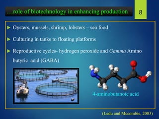  Oysters, mussels, shrimp, lobsters – sea food
 Culturing in tanks to floating platforms
 Reproductive cycles- hydrogen peroxide and Gamma Amino
butyric acid (GABA)
8…role of biotechnology in enhancing production
(Ledu and Mccombie, 2003)
4-aminobutanoic acid
 