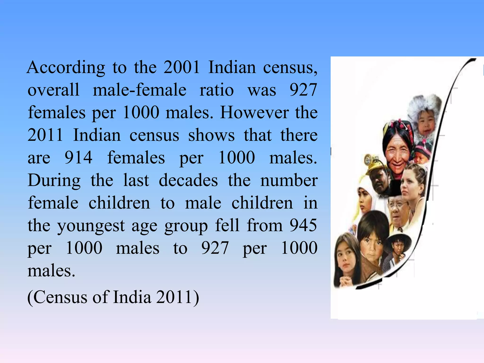 According to the 2001 Indian census,
overall male-female ratio was 927
females per 1000 males. However the
2011 Indian census shows that there
are 914 females per 1000 males.
During the last decades the number
female children to male children in
the youngest age group fell from 945
per 1000 males to 927 per 1000
males.
(Census of India 2011)
 