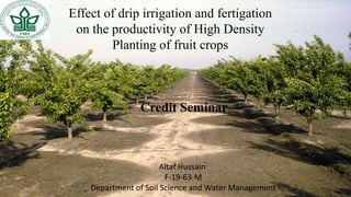 Effect of drip irrigation and fertigation
on the productivity of High Density
Planting of fruit crops
Credit Seminar
Altaf Hussain
F-19-63-M
Department of Soil Science and Water Management
 