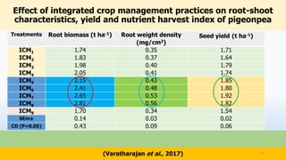 Effect of integrated crop management practices on root-shoot
characteristics, yield and nutrient harvest index of pigeonpea
(Varatharajan et al., 2017) 30
Treatments Root biomass (t ha-1) Root weight density
(mg/cm3)
Seed yield (t ha-1)
ICM1 1.74 0.35 1.71
ICM2 1.83 0.37 1.64
ICM3 1.98 0.40 1.79
ICM4 2.05 0.41 1.74
ICM5 2.15 0.43 1.85
ICM6 2.41 0.48 1.80
ICM7 2.65 0.53 1.92
ICM8 2.81 0.56 1.82
ICM9 1.70 0.34 1.54
SEm± 0.14 0.03 0.02
CD (P=0.05) 0.43 0.09 0.06
 