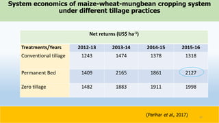 System economics of maize-wheat-mungbean cropping system
under different tillage practices
Net returns (US$ ha-1)
Treatments/Years 2012-13 2013-14 2014-15 2015-16
Conventional tillage 1243 1474 1378 1318
Permanent Bed 1409 2165 1861 2127
Zero tillage 1482 1883 1911 1998
(Parihar et al., 2017) 37
 