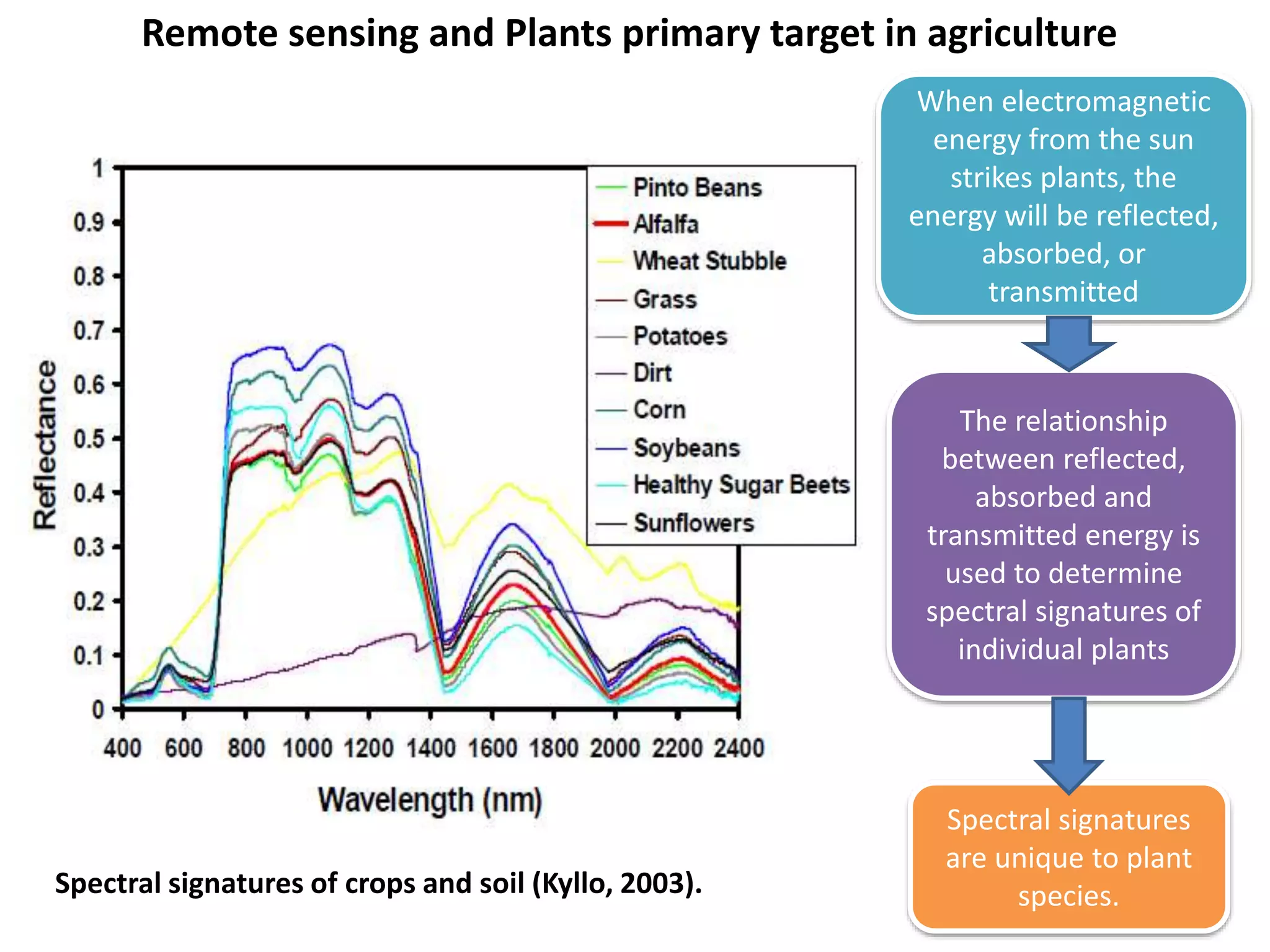 Remote sensing and Plants primary target in agriculture
Spectral signatures of crops and soil (Kyllo, 2003).
When electromagnetic
energy from the sun
strikes plants, the
energy will be reflected,
absorbed, or
transmitted
The relationship
between reflected,
absorbed and
transmitted energy is
used to determine
spectral signatures of
individual plants
Spectral signatures
are unique to plant
species.
 