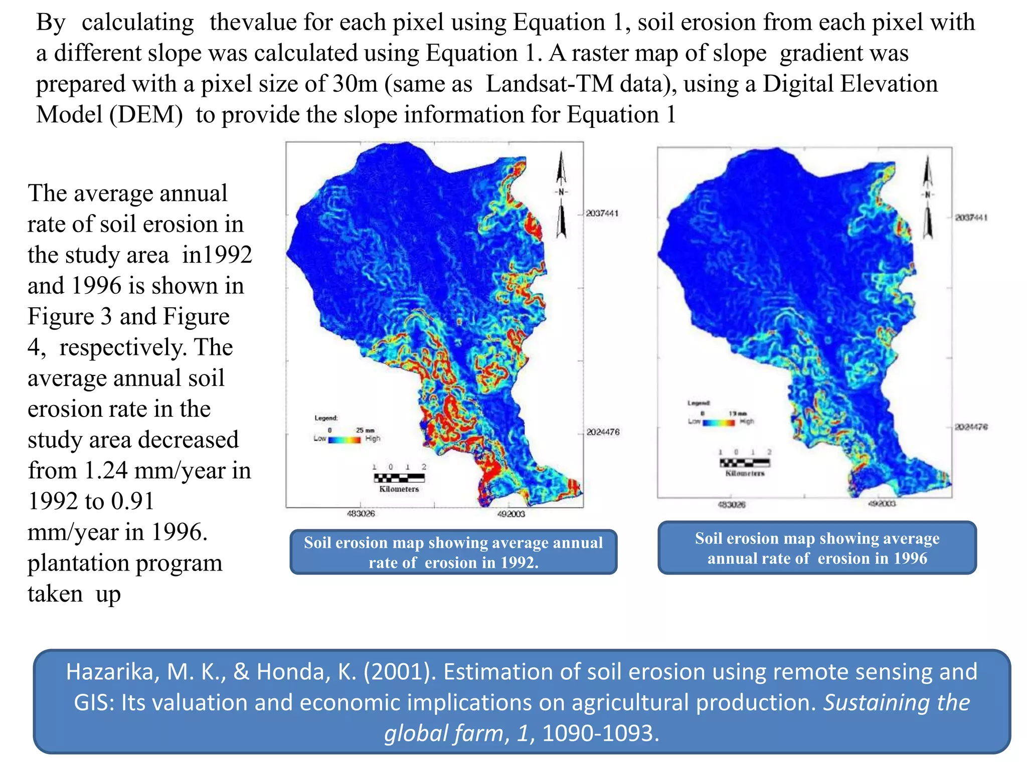 By calculating thevalue for each pixel using Equation 1, soil erosion from each pixel with
a different slope was calculated using Equation 1. A raster map of slope gradient was
prepared with a pixel size of 30m (same as Landsat-TM data), using a Digital Elevation
Model (DEM) to provide the slope information for Equation 1
Soil erosion map showing average annual
rate of erosion in 1992.
Soil erosion map showing average
annual rate of erosion in 1996
The average annual
rate of soil erosion in
the study area in1992
and 1996 is shown in
Figure 3 and Figure
4, respectively. The
average annual soil
erosion rate in the
study area decreased
from 1.24 mm/year in
1992 to 0.91
mm/year in 1996.
plantation program
taken up
Hazarika, M. K., & Honda, K. (2001). Estimation of soil erosion using remote sensing and
GIS: Its valuation and economic implications on agricultural production. Sustaining the
global farm, 1, 1090-1093.
 