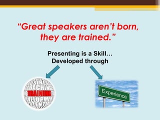 “Great speakers aren’t born,
they are trained.”
Presenting is a Skill…
Developed through
 