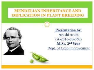 MENDELIAN INHERITANCE AND
IMPLICATION IN PLANT BREEDING
Presentation by:
Arushi Arora
(A-2016-30-050)
M.Sc. 2nd Year
Dept. of Crop Improvement
 