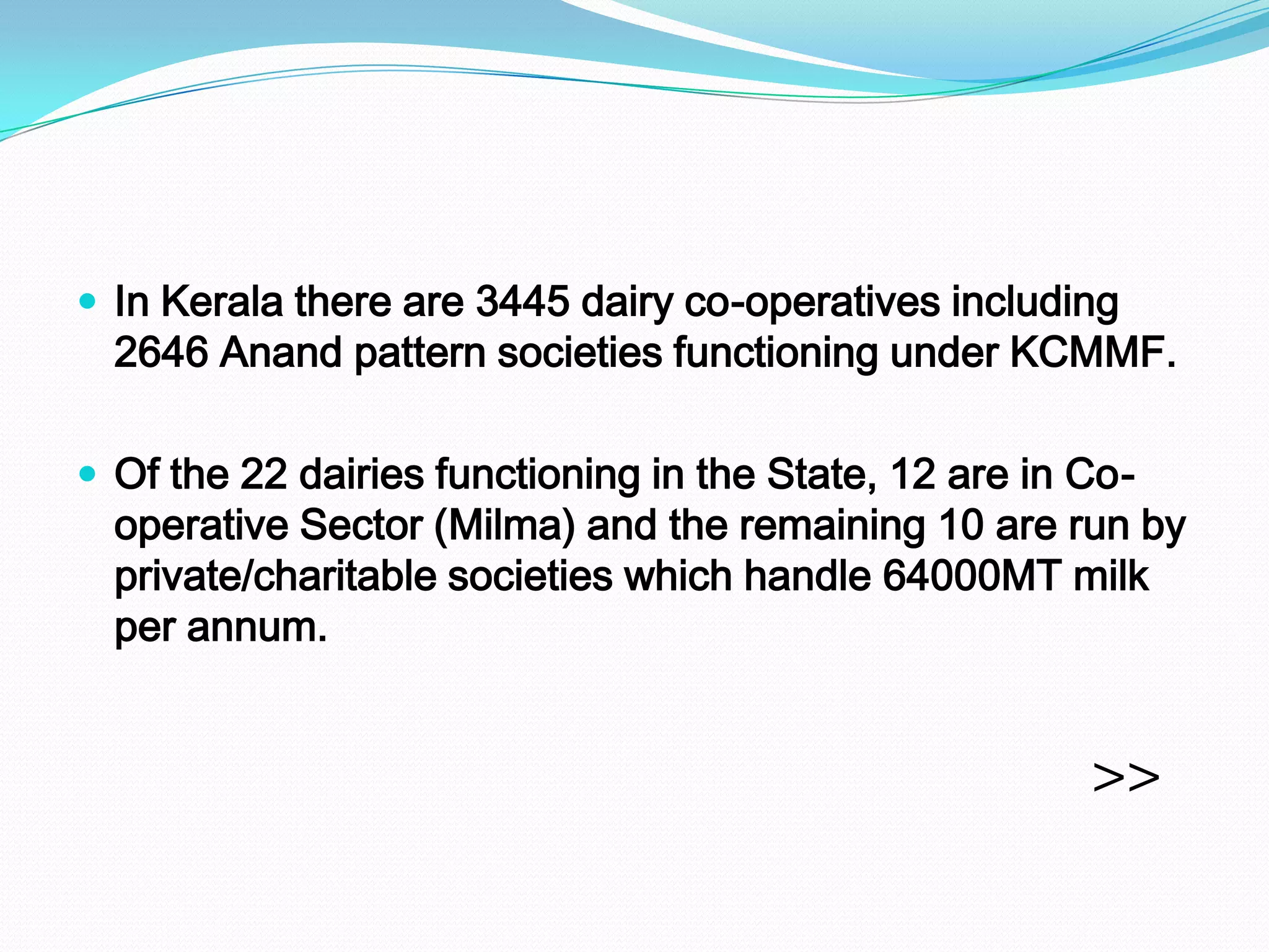  In Kerala there are 3445 dairy co-operatives including
  2646 Anand pattern societies functioning under KCMMF.

 Of the 22 dairies functioning in the State, 12 are in Co-
  operative Sector (Milma) and the remaining 10 are run by
  private/charitable societies which handle 64000MT milk
  per annum.


                                                        >>
 
