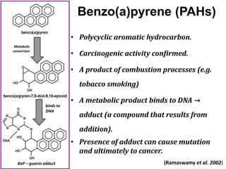 Benzo(a)pyrene (PAHs)
• Polycyclic aromatic hydrocarbon.
• Carcinogenic activity confirmed.
• A product of combustion processes (e.g.
tobacco smoking)
• A metabolic product binds to DNA →
adduct (a compound that results from
addition).
• Presence of adduct can cause mutation
and ultimately to cancer.
Metabolic
conversion
binds to
DNA
BaP – guanin adduct (Ramaswamy et al. 2002)
 