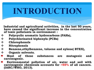 Industrial and agricultural activities, in the last 50 years,
have caused the significant increase in the concentration
of toxic pollutants in environment :
 Polycyclic aromatic hydrocarbons (PAHs),
 Polychlorinated biphenyls (PCBs)
 Chlorophenols
 Nitrophenols
 Benzene,ethylbenzene, toluene and xylene( BTEX),
 Organic solvents.
Most of these substances are mutagenic and
carcinogenic.
Environmental pollution of air, water and soil with
carcinogenic chemicals accounts for >55% of all cancers.
(IARC/WHO, 2013).
INTRODUCTION
 