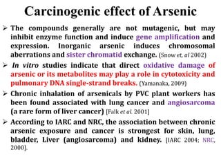 Carcinogenic effect of Arsenic
 The compounds generally are not mutagenic, but may
inhibit enzyme function and induce gene amplification and
expression. Inorganic arsenic induces chromosomal
aberrations and sister chromatid exchange. (Snow et, al 2002)
 In vitro studies indicate that direct oxidative damage of
arsenic or its metabolites may play a role in cytotoxicity and
pulmonary DNA single-strand breaks. (Yamanaka, 2009)
 Chronic inhalation of arsenicals by PVC plant workers has
been found associated with lung cancer and angiosarcoma
(a rare form of liver cancer) [Falk et al. 2001]
 According to IARC and NRC, the association between chronic
arsenic exposure and cancer is strongest for skin, lung,
bladder, Liver (angiosarcoma) and kidney. [IARC 2004; NRC,
2000].
 