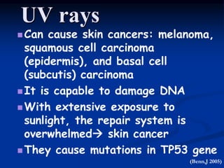 UV rays
Can cause skin cancers: melanoma,
squamous cell carcinoma
(epidermis), and basal cell
(subcutis) carcinoma
It is capable to damage DNA
With extensive exposure to
sunlight, the repair system is
overwhelmed skin cancer
They cause mutations in TP53 gene
(Benn,J 2005)
 