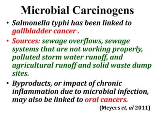 Microbial Carcinogens
• Salmonella typhi has been linked to
gallbladder cancer .
• Sources: sewage overflows, sewage
systems that are not working properly,
polluted storm water runoff, and
agricultural runoff and solid waste dump
sites.
• Byproducts, or impact of chronic
inflammation due to microbial infection,
may also be linked to oral cancers.
(Meyers et, al 2011)
 