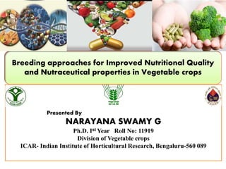 Breeding approaches for Improved Nutritional Quality
and Nutraceutical properties in Vegetable crops
Presented By
NARAYANA SWAMY G
Ph.D. Ist Year Roll No: 11919
Division of Vegetable crops
ICAR- Indian Institute of Horticultural Research, Bengaluru-560 089
 