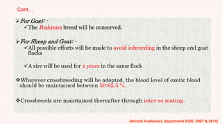 Cont…
For Goat: -
The Jhakrana breed will be conserved.
For Sheep and Goat: -
All possible efforts will be made to avoid inbreeding in the sheep and goat
flocks
A sire will be used for 2 years in the same flock
Wherever crossbreeding will be adopted, the blood level of exotic blood
should be maintained between 50-62.5 %.
Crossbreeds are maintained thereafter through inter-se mating.
(Animal husbandry department GOR, 2007 & 2014)
 