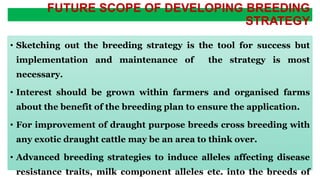 FUTURE SCOPE OF DEVELOPING BREEDING
STRATEGY
• Sketching out the breeding strategy is the tool for success but
implementation and maintenance of the strategy is most
necessary.
• Interest should be grown within farmers and organised farms
about the benefit of the breeding plan to ensure the application.
• For improvement of draught purpose breeds cross breeding with
any exotic draught cattle may be an area to think over.
• Advanced breeding strategies to induce alleles affecting disease
resistance traits, milk component alleles etc. into the breeds of
 