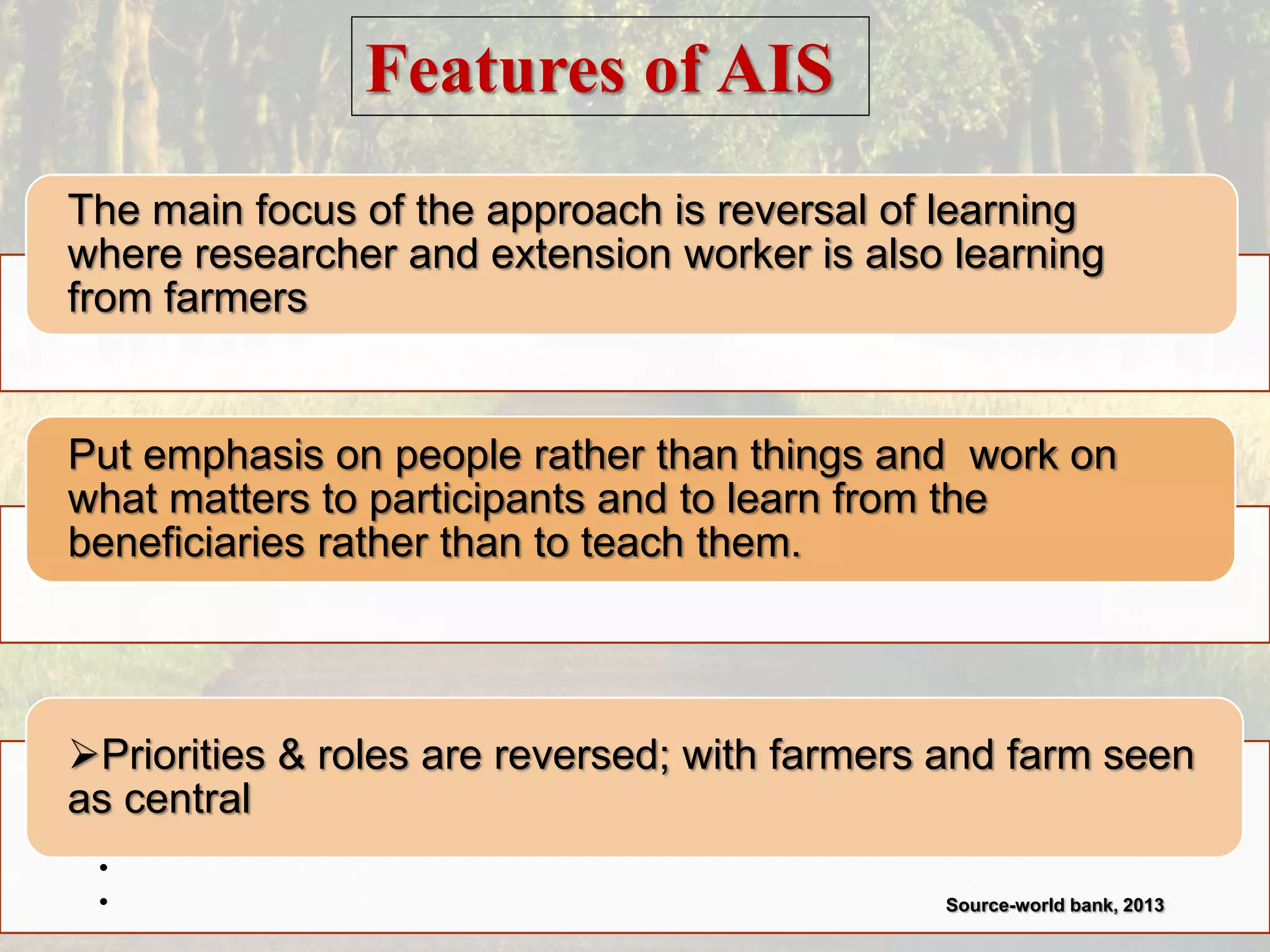 Features of AIS
The main focus of the approach is reversal of learning
where researcher and extension worker is also learning
from farmers
Put emphasis on people rather than things and work on
what matters to participants and to learn from the
beneficiaries rather than to teach them.
•
• Source-world bank, 2013
Priorities & roles are reversed; with farmers and farm seen
as central
 