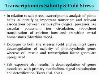 Transcriptomics Salinity & Cold Stress
 In relation to salt stress, transcriptomic analysis of plants
helps in identifying important transcripts and relevant
associations between various physiological processes like
vascular potassium ion circulation, root–shoot
translocation of calcium ions and transition metal
homeostasis (Maathius 2006).
 Exposure to both the stresses (cold and salinity) cause
downregulation of majority of photosynthetic genes
whereas cell rescue and transcription factor genes are
upregulated.
 Salt exposure also results in downregulation of genes
associated with primary metabolism, signal transduction
 