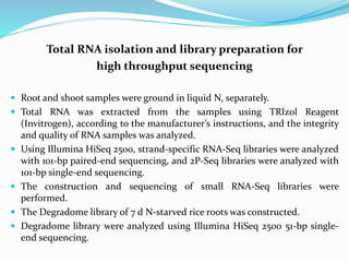 Total RNA isolation and library preparation for
high throughput sequencing
 Root and shoot samples were ground in liquid N, separately.
 Total RNA was extracted from the samples using TRIzol Reagent
(Invitrogen), according to the manufacturer’s instructions, and the integrity
and quality of RNA samples was analyzed.
 Using Illumina HiSeq 2500, strand-specific RNA-Seq libraries were analyzed
with 101-bp paired-end sequencing, and 2P-Seq libraries were analyzed with
101-bp single-end sequencing.
 The construction and sequencing of small RNA-Seq libraries were
performed.
 The Degradome library of 7 d N-starved rice roots was constructed.
 Degradome library were analyzed using Illumina HiSeq 2500 51-bp single-
end sequencing.
 