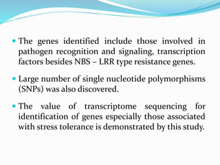  The genes identified include those involved in
pathogen recognition and signaling, transcription
factors besides NBS – LRR type resistance genes.
 Large number of single nucleotide polymorphisms
(SNPs) was also discovered.
 The value of transcriptome sequencing for
identification of genes especially those associated
with stress tolerance is demonstrated by this study.
 