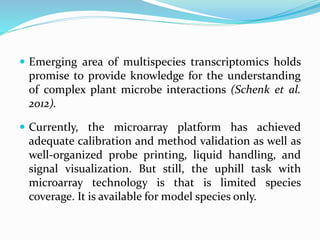  Emerging area of multispecies transcriptomics holds
promise to provide knowledge for the understanding
of complex plant microbe interactions (Schenk et al.
2012).
 Currently, the microarray platform has achieved
adequate calibration and method validation as well as
well-organized probe printing, liquid handling, and
signal visualization. But still, the uphill task with
microarray technology is that is limited species
coverage. It is available for model species only.
 