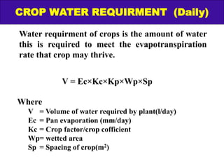 Water requirment of crops is the amount of water
this is required to meet the evapotranspiration
rate that crop may thrive.
Where
V = Volume of water required by plant(l/day)
Ec = Pan evaporation (mm/day)
Kc = Crop factor/crop cofficient
Wp= wetted area
Sp = Spacing of crop(m2)
V = Ec×Kc×Kp×Wp×Sp
CROP WATER REQUIRMENT (Daily)
 