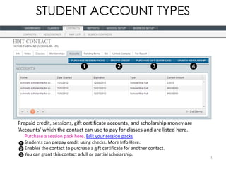 STUDENT ACCOUNT TYPES




Prepaid credit, sessions, gift certificate accounts, and scholarship money are
‘Accounts’ which the contact can use to pay for classes and are listed here.
   Purchase a session pack here. Edit your session packs
   Students can prepay credit using checks. More Info Here.
   Enables the contact to purchase a gift certificate for another contact.
   You can grant this contact a full or partial scholarship.
                                                                                 1
 