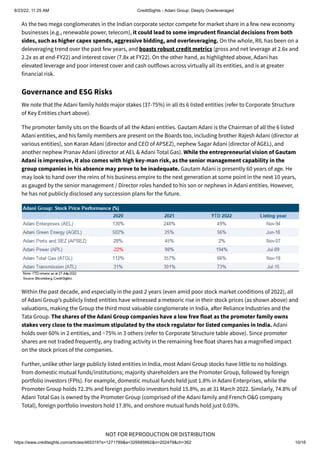 8/23/22, 11:25 AM CreditSights - Adani Group: Deeply Overleveraged
https://www.creditsights.com/articles/465319?s=1271789&a=329585992&n=202479&ch=362 10/16
NOT FOR REPRODUCTION OR DISTRIBUTION
As the two mega conglomerates in the Indian corporate sector compete for market share in a few new economy
businesses (e.g., renewable power, telecom), it could lead to some imprudent financial decisions from both
sides, such as higher capex spends, aggressive bidding, and overleveraging. On the whole, RIL has been on a
deleveraging trend over the past few years, and boasts robust credit metrics (gross and net leverage at 2.6x and
2.2x as at end-FY22) and interest cover (7.8x at FY22). On the other hand, as highlighted above, Adani has
elevated leverage and poor interest cover and cash outflows across virtually all its entities, and is at greater
financial risk.
Governance and ESG Risks
We note that the Adani family holds major stakes (37-75%) in all its 6 listed entities (refer to Corporate Structure
of Key Entities chart above).
The promoter family sits on the Boards of all the Adani entities. Gautam Adani is the Chairman of all the 6 listed
Adani entities, and his family members are present on the Boards too, including brother Rajesh Adani (director at
various entities), son Karan Adani (director and CEO of APSEZ), nephew Sagar Adani (director of AGEL), and
another nephew Pranav Adani (director at AEL & Adani Total Gas). While the entrepreneurial vision of Gautam
Adani is impressive, it also comes with high key-man risk, as the senior management capability in the
group companies in his absence may prove to be inadequate. Gautam Adani is presently 60 years of age. He
may look to hand over the reins of his business empire to the next generation at some point in the next 10 years,
as gauged by the senior management / Director roles handed to his son or nephews in Adani entities. However,
he has not publicly disclosed any succession plans for the future.
Within the past decade, and especially in the past 2 years (even amid poor stock market conditions of 2022), all
of Adani Group’s publicly listed entities have witnessed a meteoric rise in their stock prices (as shown above) and
valuations, making the Group the third most valuable conglomerate in India, after Reliance Industries and the
Tata Group. The shares of the Adani Group companies have a low free float as the promoter family owns
stakes very close to the maximum stipulated by the stock regulator for listed companies in India. Adani
holds over 60% in 2 entities, and ~75% in 3 others (refer to Corporate Structure table above). Since promoter
shares are not traded frequently, any trading activity in the remaining free float shares has a magnified impact
on the stock prices of the companies.
Further, unlike other large publicly listed entities in India, most Adani Group stocks have little to no holdings
from domestic mutual funds/institutions; majority shareholders are the Promoter Group, followed by foreign
portfolio investors (FPIs). For example, domestic mutual funds held just 1.8% in Adani Enterprises, while the
Promoter Group holds 72.3% and foreign portfolio investors hold 15.8%, as at 31 March 2022. Similarly, 74.8% of
Adani Total Gas is owned by the Promoter Group (comprised of the Adani family and French O&G company
Total), foreign portfolio investors hold 17.8%, and onshore mutual funds hold just 0.03%.
 