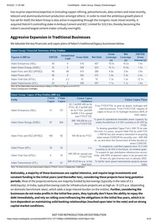 8/23/22, 11:25 AM CreditSights - Adani Group: Deeply Overleveraged
https://www.creditsights.com/articles/465319?s=1271789&a=329585992&n=202479&ch=362 6/16
NOT FOR REPRODUCTION OR DISTRIBUTION
has no prior experience/expertise in (including copper refining, petrochemicals, data centers and most recently,
telecom and alumina/aluminium production amongst others). In order to meet the ambitious growth plans it
has set for itself, the Adani Group is also active in expanding through the inorganic route (most recently, it
acquired Holcim’s controlling stake in Ambuja Cement and ACC Limited for $10.5 bn, thereby becoming the
nation’s second largest cement maker virtually overnight).
Aggressive Expansion in Traditional Businesses
We tabulate the key financials and capex plans of Adani’s traditional/legacy businesses below.
Noticeably, a majority of these businesses are capital intensive, and require large investments and
constant funding in the initial years (and thereafter too), considering these projects have long gestation
periods. Most of the projects/ventures are majority funded by borrowings (typically in the ratio of 3:1
debt/equity). In India, typical borrowing costs for infrastructure projects are as high as ~9-11% p.a. (depending
on domestic benchmark rates), which adds a large interest burden on the entities. Further, considering the
businesses do not make profits in the initial few years, they typically don’t have the ability to repay the
debt immediately, and rely on rolling-over/refinancing the obligations in the initial few years, which is in
turn dependent on maintaining solid banking relationships (touched upon later in the note) and on strong
capital market conditions.
 