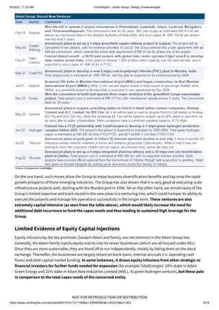8/23/22, 11:25 AM CreditSights - Adani Group: Deeply Overleveraged
https://www.creditsights.com/articles/465319?s=1271789&a=329585992&n=202479&ch=362 8/16
NOT FOR REPRODUCTION OR DISTRIBUTION
On the one hand, such moves allow the Group to enjoy business diversification benefits and tap onto the rapid
growth prospects of these emerging industries. The Group has also shown that it is very good at executing scale
infrastructure projects well, starting with the Mundra port in 1998. Yet on the other hand, we remain wary of the
Group's limited expertise and track record in the new areas it is venturing into, which could hamper its ability to
execute the projects and manage the operations successfully in the longer term. These ventures are also
extremely capital intensive (as seen from the table above), which would likely increase the need for
additional debt incurrence to fund the capex needs and thus leading to sustained high leverage for the
Group.
Limited Evidence of Equity Capital Injections
Equity infusions by the key promoter, Gautam Adani and family, are not common in the Adani Group too.
Generally, the Adani family injects equity mainly into its newer businesses (which are all housed under AEL).
Once they are more sustainable, they are hived off to run independently, mostly by listing them on the stock
exchange. Thereafter, the businesses are largely reliant on bank loans, internal accruals (i.e. operating cash
flows) and debt capital market funding. In some instances, it draws equity infusions from other strategic or
financial investors for further funds needed for expansion (for example TotalEnergies' 20% stake in Adani
Green Energy and 25% stake in Adani New Industries Limited (ANIL), its green hydrogen venture), but these pale
in comparison to the total capex needs of the concerned entity.
 