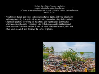 Explain the effects of human population
growth, habitat alternation, introduction
of invasive species,pollution and overharvesting on various plant and animal
species in NC.
●

Pollution-Pollution can cause sicknesses and even deaths in living organisms
such as cancer, physical deformities such as extra and missing limbs, and etc.
Chemical reactions involving air pollutants can create acidic compounds
which can cause harm to vegetation. Air pollution generates acid rain and
when acid rain falls over an area, it can kill trees and harm animals, fish, and
other wildlife. Acid rain destroys the leaves of plants.

 