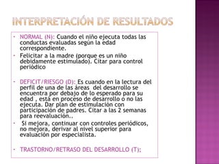 NORMAL (N):  Cuando el niño ejecuta todas las conductas evaluadas según la edad correspondiente. Felicitar a la madre (porque es un niño debidamente estimulado). Citar para control periódico DEFICIT/RIESGO (D):   Es cuando en la lectura del perfil de una de las áreas  del desarrollo se encuentra por debajo de lo esperado para su edad  , está en proceso de desarrollo o no las ejecuta. Dar plan de estimulación con participación de padres. Citar a las 2 semanas para reevaluación. .   Si mejora, continuar con controles periódicos, no mejora, derivar al nivel superior para evaluación por especialista.   TRASTORNO/RETRASO DEL DESARROLLO (T); 