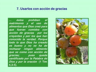 7. Usarlos con acción de gracias


...   éstos    prohíben     el
matrimonio y el uso de
alimentos que Dios creó para
que fueran comidos con
acción de gracias por los
creyentes y por los que han
conocido la verdad. Porque
todo lo que Dios ha creado
es bueno y no se ha de
rechazar ningún alimento
que se coma con acción de
gracias;       pues    queda
santificado por la Palabra de
Dios y por la oración (1 Tim
4,3-5).
 
