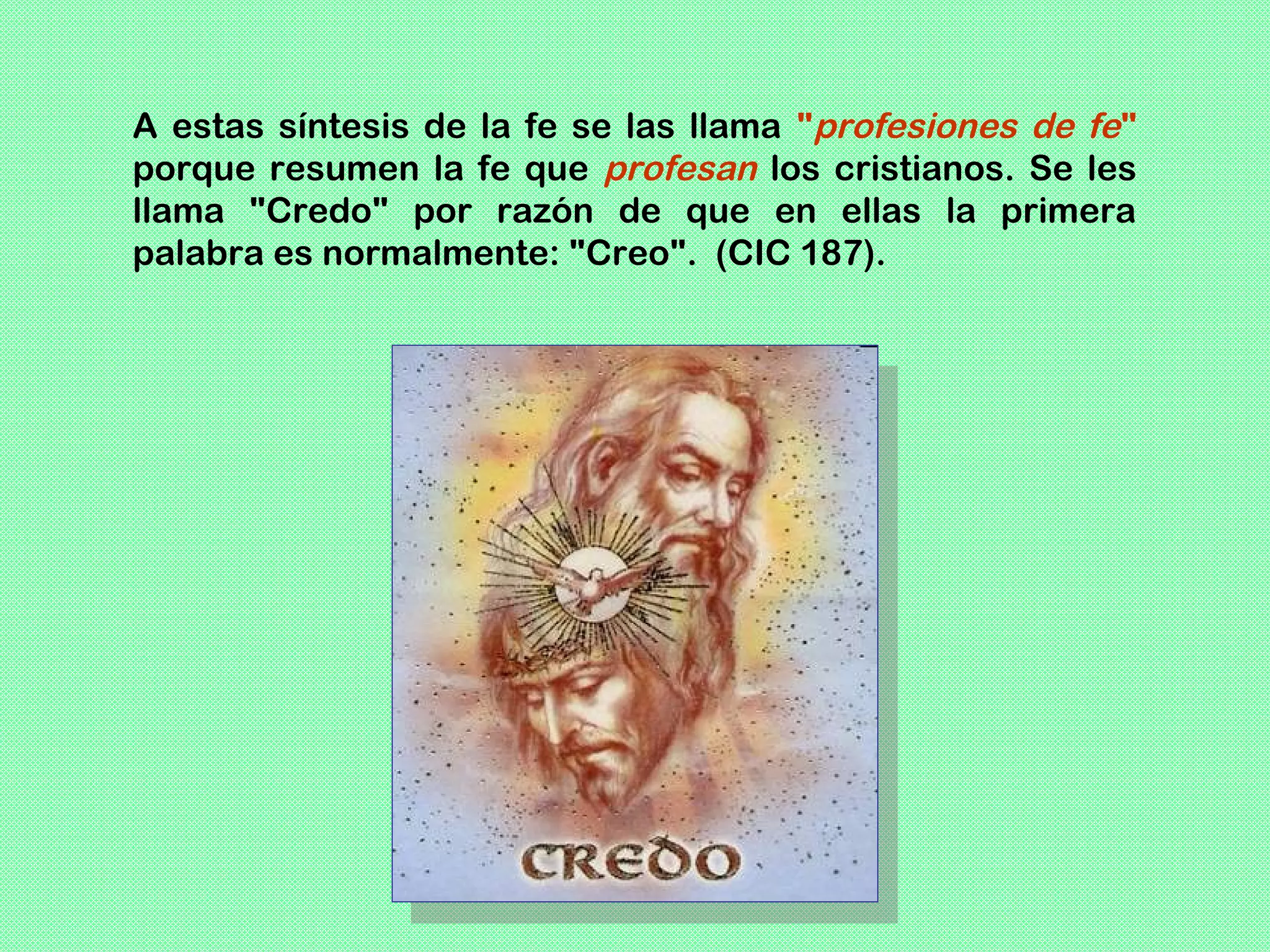 A estas síntesis de la fe se las llama "profesiones de fe"
porque resumen la fe que profesan los cristianos. Se les
llama "Credo" por razón de que en ellas la primera
palabra es normalmente: "Creo". (CIC 187).
 