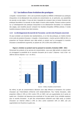 Les secondes vies des objets




       1.2 Les	indices	d’une	évolution	des	pratiques	
L’enquête « Consommation » 2011 est la première enquête du CRÉDOC s’intéressant aux pratiques
d’acquisition et de délaissement des produits de consommation et, en particulier, aux possibilités
de seconde vie des objets. Il nous est donc impossible de comparer dans le temps l’évolution des
pratiques favorables à la seconde vie des objets à travers cette enquête. Plusieurs auteurs parient
sur un développement des pratiques d’acquisition et de délaissement favorables à la multiplicité
des usages, sans toutefois pouvoir comparer les résultats d’enquêtes chiffrées précises. Il existe
toutefois plusieurs indices d’une telle évolution.


1.2.1 Le	développement	du	marché	de	l’occasion	:	un	tiers	des	Français	concernés	
On peut constater une évolution des représentations, si ce n’est des pratiques, en matière d’achat
et de vente de produits d’occasion. L’enquête « Consommation » montre qu’entre 2009 et 2011, la
proportion de Français déclarant avoir déjà acheté un produit neuf en envisageant le revendre
d’occasion a sensiblement augmenté, en passant de 12% à 30% entre 2009 et 2011.



     Figure 2. Acheter un produit neuf en pensant le revendre. Evolution 2009 - 2011
Concernant les produits et les services de consommation, vous avez déjà acheté un produit neuf,
en envisageant la possibilité de le revendre d'occasion par la suite ? (réponse « tout à fait » en
2009 et 2010 et réponse « oui » en 2011)

                35%



                                                                          30%
                30%



                                                      25%
                25%




                20%




                15%

                              12%


                10%




                 5%




                 0%
                              2009                    2010                2011



                                                 Source : Crédoc, Enquêtes consommation

De même, la part de consommateurs déclarant avoir déjà effectué la transaction d’un produit
d’occasion par l’intermédiaire d’Internet croît tendanciellement. Pour l’achat d’occasion, cette
proportion s’élève à 33% en 2011 contre 27% en 2007, soit une augmentation de 6 points en
quatre ans. L’évolution est beaucoup plus accentuée et l’on peut parler d’une véritable explosion
pour la revente d’occasion : la part des consommateurs déclarant avoir déjà vendu un produit
d’occasion sur Internet s’élève à 34% en 2011 contre seulement 16% en 2007, soit une
augmentation de 18 points en quatre ans.



                                                     18
 
