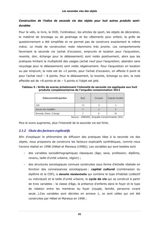 Les secondes vies des objets



Construction de l’indice de seconde vie des objets pour huit autres produits semi-
durables

Pour le vélo, le livre, le DVD, l’ordinateur, les articles de sport, les objets de décoration,
le matériel de bricolage ou de jardinage et les vêtements pour enfant, la grille de
questionnement a été simplifiée et ne permet pas de construire exactement le même
indice. Le mode de construction reste néanmoins très proche. Les comportements
favorisant la seconde vie (achat d’occasion, emprunts et location pour l’acquisition,
revente, don, échange pour le délaissement) sont notés positivement, alors que les
pratiques limitant la multiplicité des usages (achat neuf pour l’acquisition, abandon sans
recyclage pour le délaissement) sont notés négativement. Pour l’acquisition en location
ou par emprunt, la note est de +2 points, pour l’achat d’occasion, on affecte 0 point et
pour l’achat neuf – 8 points. Pour le délaissement, la revente, échange ou don, la note
affectée est de +8 points et de – 5 points si l’objet est jeté.

  Tableau 5 : Grille de scores échelonnant l’intensité de seconde vie appliquée aux huit
               produits complémentaires de l’enquête consommation 2011


                    DélaissementAcquisition          Neuf       Occasion   Emprunt, location

             Jeté                                        -13          -5           -3
             Aucune des modalités                        -7           2            4
             Revendu, Donné, Echangé                     2            8            10
                                               Source : CREDOC, Enquête Consommation 2011

Plus le score augmente, plus l’intensité de la seconde vie est forte.

2.1.2 Choix	des	facteurs	explicatifs	
Afin d’expliquer le phénomène de diffusion des pratiques liées à la seconde vie des
objets, nous proposons de construire les facteurs explicatifs synthétiques, comme nous
l’avions réalisé en 1998 (Hébel et Maresca (1998)). Les variables qui sont testées sont

   -   des variables sociodémographiques classiques (âge, sexe, profession, diplôme,
       revenu, taille d’unité urbaine, région) ;

   -   des structures sociologiques connues construites sous forme d’échelle réalisée en
       fonction des connaissances sociologiques : capital culturel (combinaison du
       diplôme et la CSP), la densité résidentielle qui combine le type d’habitat (collectif
       ou individuel) et la taille d’unité urbaine, le cycle de vie qui se construit à partir
       de trois variables : la classe d’âge, la présence d’enfants dans le foyer et le type
       de relation entre les membres du foyer (couple, famille, personne vivant
       seule…).Ces variables sont décrites en annexe 1, ce sont celles qui ont été
       construites par Hébel et Maresca en 1998 ;




                                                    41
 