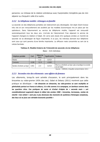Les secondes vies des objets



personne. La richesse de la relation entretenue avec l’automobile n’empêche pas de s’en
séparer ou d’acquérir celle d’un autre.

2.2.2 Le	téléphone	mobile	:	échanges	en	famille	
La seconde vie des téléphones portables est relativement peu développée. Cet objet récent évolue
très vite et son renouvellement est accéléré par les modèles économiques mis en place par les
opérateurs. Dans l’abonnement au service de téléphonie mobile, l’appareil est renouvelé
automatiquement tous les deux ans. L’arrivée de l’abonnement Free séparant le service de
l’appareil changera la relation à l’objet. On verra sans doute d’ici quelques années un marché de
seconde vie se développer de façon importante. A ce jour, les individus donnant leur téléphone
sont ceux qui sont parents d’une famille importante. La diffusion reste concentrée au sein de la
cellule familiale.

            Tableau 9. Modèle linéaire de l’intensité de seconde vie du téléphone
                                               Base : 315 individus

                                     Valeur du
Téléphone portable          Coef.                Significativité Tendance
                                       test t
Modèle                                 6,32         0,0124
Constante                   -8,380    -10,19       <0,0001
                                                               Plus il y a d'enfants au foyer, plus on pratique la seconde
Nombre d'enfants au foyer   0,903      2,51         0,0124
                                                               vie de l’objet
                                                                Source : CRÉDOC, Enquête consommation 2011


2.2.3 Secondes	vies	des	vêtements	:	une	affaire	de	femmes	
Les vêtements, lorsqu’ils sont achetés d’occasion, le sont principalement dans les
brocantes ou vides-grenier (45% des cas). Gabel et Debary (2011) montrent que cette
pratique se développe : « De dimanche en dimanche, les vide-greniers se sont multipliés et
généralisés partout en France et ailleurs, à la ville comme à la campagne, en banlieue comme dans
les quartiers chics. Ces pratiques de vente et d’achat d’objets de « seconde main » ont
considérablement augmenté depuis le début des années 1980 : brocantes, kermesses, ventes de
charité « bon enfant » sont peu à peu devenues des moments de systèmes d’échanges complexes,
des lieux où se joue une véritable économie parallèle »




                                                      48
 