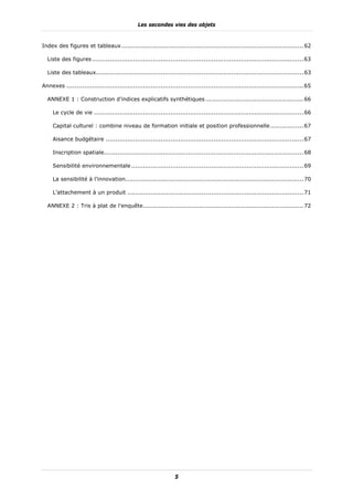 Les secondes vies des objets


Index des figures et tableaux ............................................................................................. 62 

  Liste des figures ............................................................................................................ 63 

  Liste des tableaux.......................................................................................................... 63 

Annexes ......................................................................................................................... 65 

  ANNEXE 1 : Construction d’indices explicatifs synthétiques .................................................. 66 

     Le cycle de vie ........................................................................................................... 66 

     Capital culturel : combine niveau de formation initiale et position professionnelle ................. 67 

     Aisance budgétaire ..................................................................................................... 67 

     Inscription spatiale...................................................................................................... 68 

     Sensibilité environnementale ........................................................................................ 69 

     La sensibilité à l’innovation........................................................................................... 70 

     L’attachement à un produit .......................................................................................... 71 

  ANNEXE 2 : Tris à plat de l’enquête .................................................................................. 72 




                                                                 5
 
