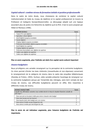 Les secondes vies des objets



Capital	culturel	:	combine	niveau	de	formation	initiale	et	position	professionnelle	
Dans le cadre de notre étude, nous choisissons de combiner le capital culturel
institutionnalisé (à l’aide du niveau de diplôme) et le capital professionnel (à travers la
Profession et Catégorie Socioprofessionnelle). Le découpage adopté suit une logique
accordant plus de poids à la hiérarchie du diplôme qu’à la PCS. C’est le score proposé par
Hébel et Maresca (1998).

    POSITION SOCIALE                                                                                       Score
      Toutes PCS sans diplôme                                                                                1
      Agriculteur, artisan diplômé                                                                           2
      Inactif diplômé jusqu'au secondaire                                                                    3
      Ouvrier diplômé                                                                                        4
      Employé diplômé jusqu'au secondaire                                                                    5
      Profession intermédiaire diplômé jusqu'au secondaire                                                   6
      Inactif diplômé du supérieur                                                                           7
      Employé diplômé du supérieur                                                                           8
      Profession intermédiaire avec diplôme du supérieur                                                     9
      Cadres sans diplôme du supérieur                                                                      10
      Cadres avec diplôme du supérieur                                                                      11


Plus ce score augmente, plus l’individu est doté d’un capital socio-culturel important

Aisance	budgétaire	
Nous privilégions une variable renseignant sur la perception de la contrainte budgétaire.
Ce choix permet d’éviter les biais inhérents (inexactitudes et non-réponses) concernant
le renseignement de la catégorie de revenu dans le cadre des enquêtes téléphoniques
(Riandey et Firdion, 1993). Surtout, cette variable présente l’avantage de renseigner sur
la contrainte budgétaire perçue par l’ensemble des ménages, sans tenir compte de leur
niveau de revenu. Les difficultés budgétaires peuvent en effet, être ressenties à
différents niveau de revenu.

    AISANCE BUDGETAIRE                                                                                     Score
    Laquelle des affirmations suivantes vous semble décrire le mieux la situation financière actuelle de
    votre foyer ?
      Vous avez pris un (ou plus) crédits pour arriver à boucler votre budget                                1
      Vous vivez un peu sur vos réserves                                                                     2
      Vous bouclez juste votre budget avec vos revenus                                                       3
      Vous arrivez à mettre un peu d'argent de côté                                                          4
      Vous arrivez à mettre pas mal d'argent de côté                                                         5


Plus le score de cet indicateur augmente, plus l’aisance budgétaire de l’individu est
importante.




                                                          67
 