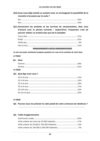 Les secondes vies des objets



Q10. Avez-vous déjà acheté un produit neuf, en envisageant la possibilité de le
     revendre d'occasion par la suite ?

     Oui ............................................................................................30%
     Non ...........................................................................................70%

Q11. Concernant les produits et les services de consommation, êtes vous
     d'accord avec la phrase suivante : Aujourd'hui, l'important c'est de
     pouvoir utiliser un produit plus que de le posséder

     Tout à fait ..................................................................................37%
     Plutôt .......................................................................................42%
     Plutôt pas .................................................................................... 9%
     Pas du tout ................................................................................12%
                             RENSEIGNEMENTS SOCIO-DEMOGRAPHIQUES

Je vais vous poser maintenant quelques questions sur vous et les membres de votre foyer.

A TOUS

Q1. Sexe

     Homme ......................................................................................48%
     Femme .....................................................................................52%
A TOUS

Q2. Quel âge avez-vous ?

     18 à 24 ans ................................................................................13%
     25 à 34 ans ................................................................................16%
     35 à 44 ans ................................................................................18%
     45 à 54 ans ................................................................................17%
     55 à 64 ans ................................................................................16%
     65 ans et plus .............................................................................20%



A TOUS

Q3. Pouvez-vous me préciser le code postal de votre commune de résidence ?
     --------------------------------------------------------------------------------------------------------------




Q4. Taille d’agglomération

     Communes rurales ......................................................................26%
     Unité urbaine de moins de 20 000 habitants ....................................17%
     Unité urbaine de 20 000 à 100 000 habitants ..................................13%
     Unité urbaine de 100 000 à 200 000 habitants.................................. 5%


                                                       84
 