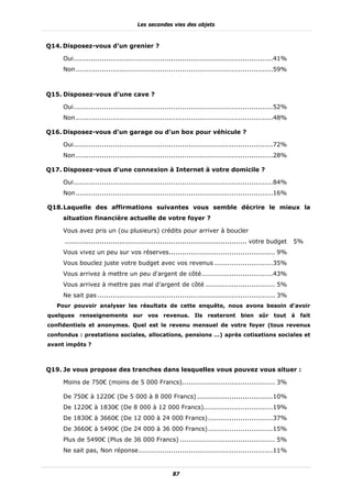 Les secondes vies des objets



Q14. Disposez-vous d’un grenier ?

     Oui ............................................................................................41%
     Non ...........................................................................................59%



Q15. Disposez-vous d’une cave ?

     Oui ............................................................................................52%
     Non ...........................................................................................48%

Q16. Disposez-vous d’un garage ou d’un box pour véhicule ?

     Oui ............................................................................................72%
     Non ...........................................................................................28%

Q17. Disposez-vous d’une connexion à Internet à votre domicile ?

     Oui ............................................................................................84%
     Non ...........................................................................................16%

Q18. Laquelle des affirmations suivantes vous semble décrire le mieux la
     situation financière actuelle de votre foyer ?

     Vous avez pris un (ou plusieurs) crédits pour arriver à boucler
     .................................................................................... votre budget     5%
     Vous vivez un peu sur vos réserves................................................. 9%
     Vous bouclez juste votre budget avec vos revenus ...........................35%
     Vous arrivez à mettre un peu d'argent de côté .................................43%
     Vous arrivez à mettre pas mal d’argent de côté ................................ 5%
     Ne sait pas .................................................................................. 3%
   Pour pouvoir analyser les résultats de cette enquête, nous avons besoin d'avoir
quelques renseignements sur vos revenus. Ils resteront bien sûr tout à fait
confidentiels et anonymes. Quel est le revenu mensuel de votre foyer (tous revenus
confondus : prestations sociales, allocations, pensions …) après cotisations sociales et
avant impôts ?



Q19. Je vous propose des tranches dans lesquelles vous pouvez vous situer :

     Moins de 750€ (moins de 5 000 Francs)........................................... 3%

     De 750€ à 1220€ (De 5 000 à 8 000 Francs) ...................................10%
     De 1220€ à 1830€ (De 8 000 à 12 000 Francs)................................19%
     De 1830€ à 3660€ (De 12 000 à 24 000 Francs) ..............................37%
     De 3660€ à 5490€ (De 24 000 à 36 000 Francs) ..............................15%
     Plus de 5490€ (Plus de 36 000 Francs) ............................................ 5%
     Ne sait pas, Non réponse ..............................................................11%


                                                     87
 