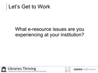 Let’s Get to Work



  What e-resource issues are you
  experiencing at your institution?
 