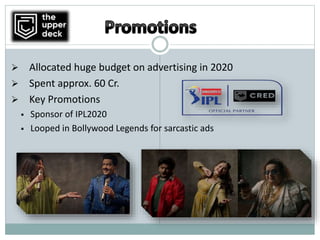  Allocated huge budget on advertising in 2020
 Spent approx. 60 Cr.
 Key Promotions
 Sponsor of IPL2020
 Looped in Bollywood Legends for sarcastic ads
 