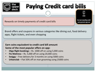 Rewards on timely payments of credit card bills
Brand offers and coupons in various categories like dining out, food delivery
apps, flight tickets, and even shopping
Earn coins equivalent to credit card bill amount
Some of the most popular offers on app:
• iXigo flight bookings – Rs. 1000 off on using 5,000 coins
• Flo Mattress – Rs. 5,000 off on using 20,000 coins
• Swiggy – Free delivery for 3 months on using 5000 coins
• Urbanclab – Flat 50% off on man grooming using 25000 coins
 